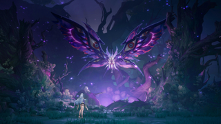 A woman stands before a being with large, butterfly-like wings