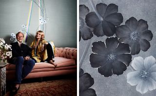 Left, de Gournay founder Claud Cecil Gurney and Kate Moss and right, anemone flowers