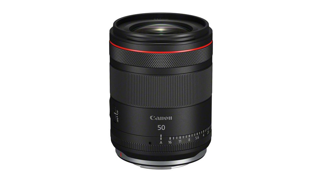 Canon RF 50mm f/1.4L VCM lens against a white background