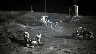 Illustration of NASA astronauts working on the moon, with two rovers and a lander visible in the background.