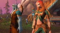 A screenshot of the World of Warcraft: Forever beta. Two Skyborne elves stand in a grove.