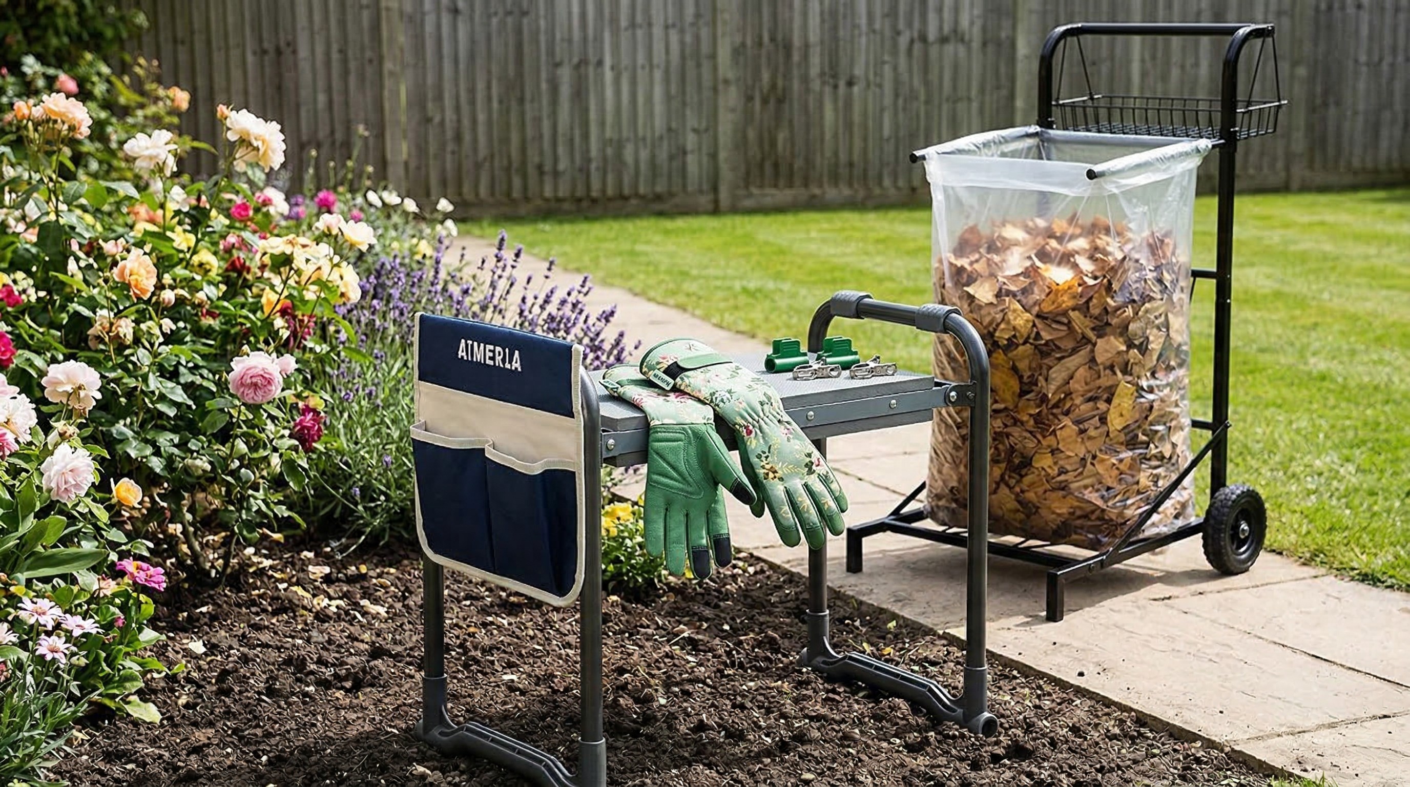Ergonomic kneeler, gloves and rolling yard cart in garden.