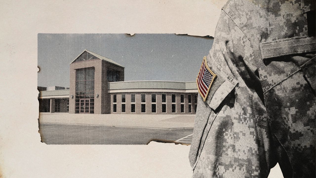 Photo collage of a US school, superimposed with a close-up of a soldier&#039;s shoulder, facing away from it and disappearing into the dark. 