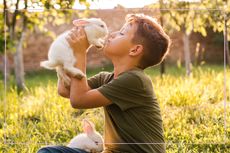 Boy holding up white rabbit and kissing it in the air