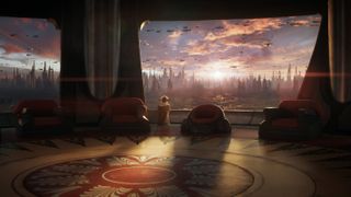 Yoda stands in an empty Jedi Council room in Star Wars Eclipse, looking out the window.