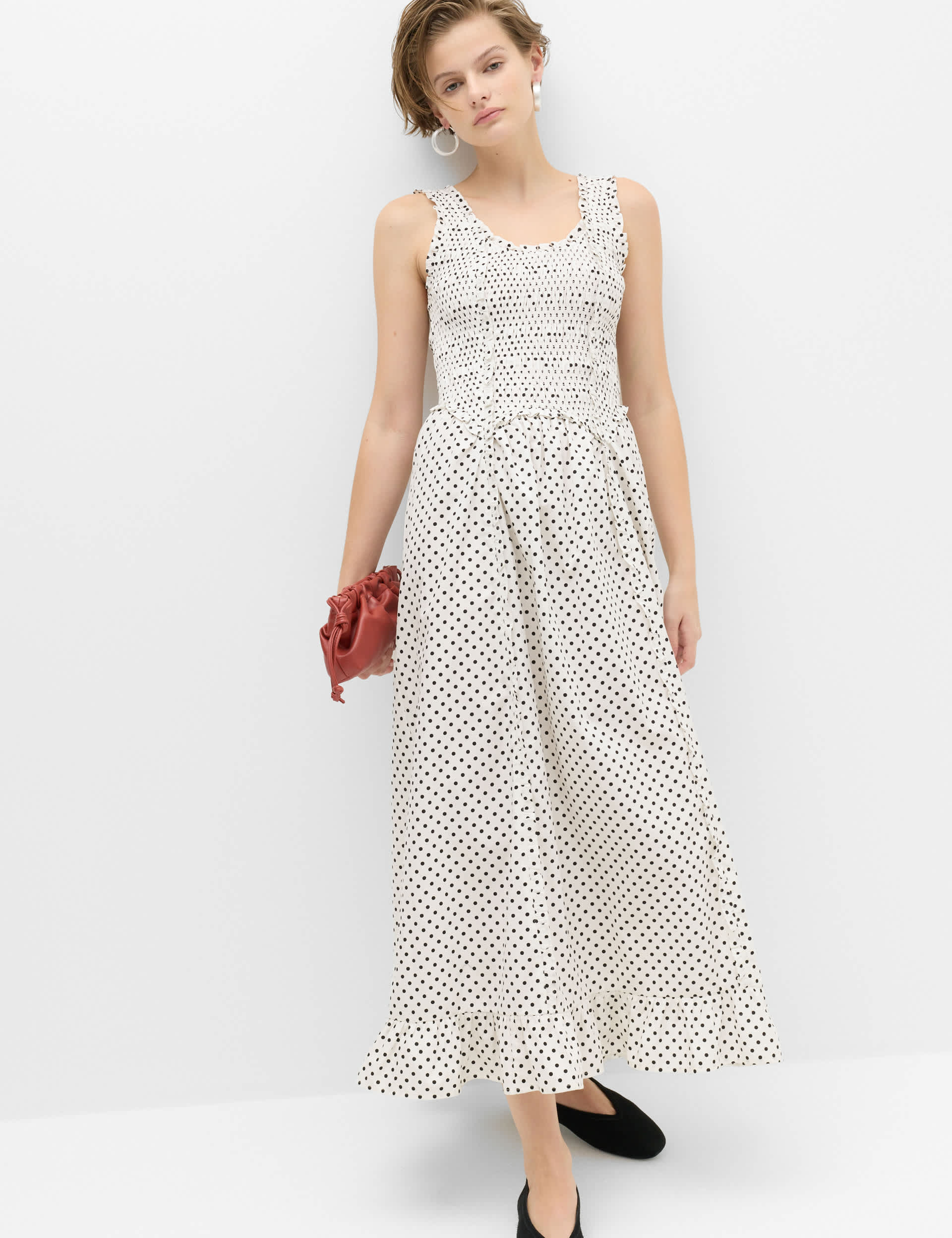 Pure Cotton Polka Dot Ruffle Midi Skater Dress