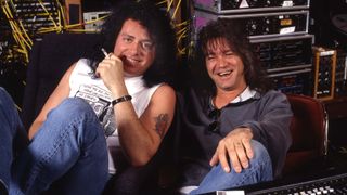 Steve Lukather (left) and Eddie Van Halen pose for a photo while in the studio in 1997.