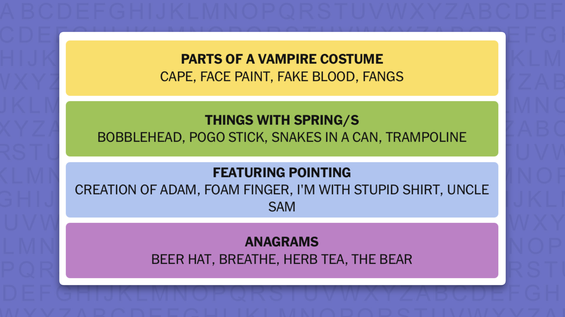 NYT Connections answers for game 1201 on a purple background