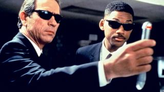 Tommy Lee Jones as Agent K and Will Smith as Agent J during the alien movie, Men in Black.