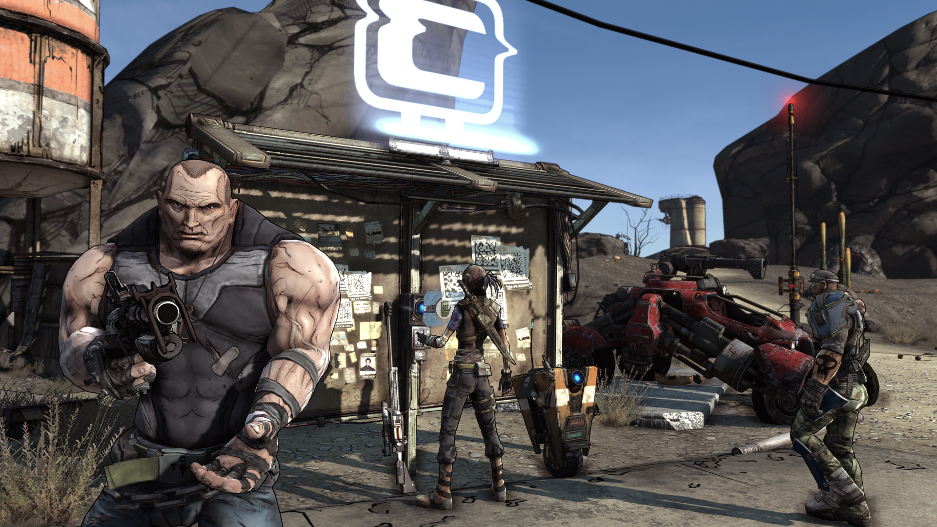 Playable characters in Borderlands check a nearby job board to find jobs.