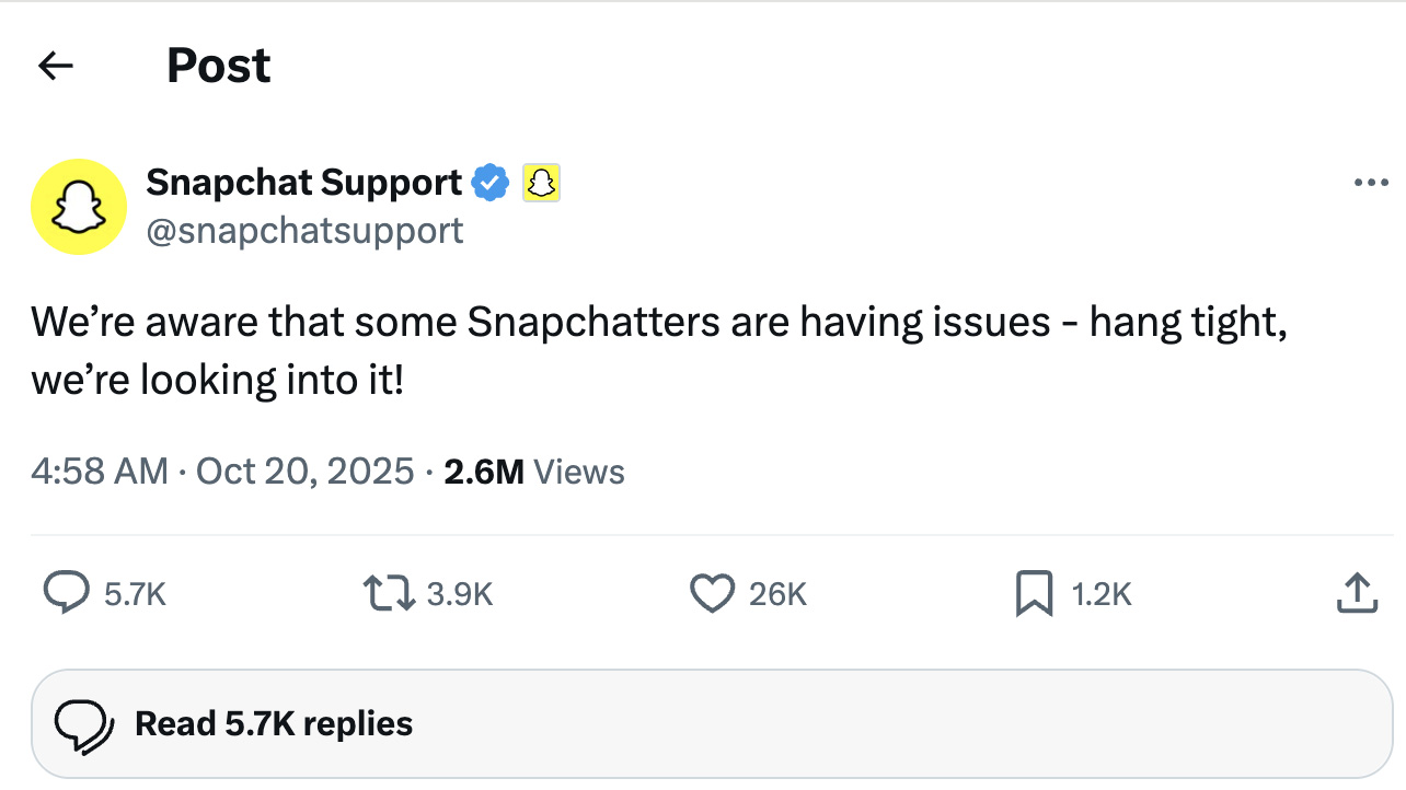 Snapshot Support X screenshot noting the outage on October 20, 2025