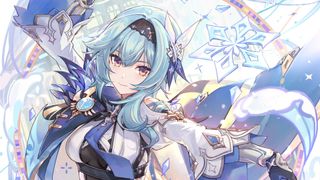 Some official art of Eula from Genshin Impact surrounded by snowflakes