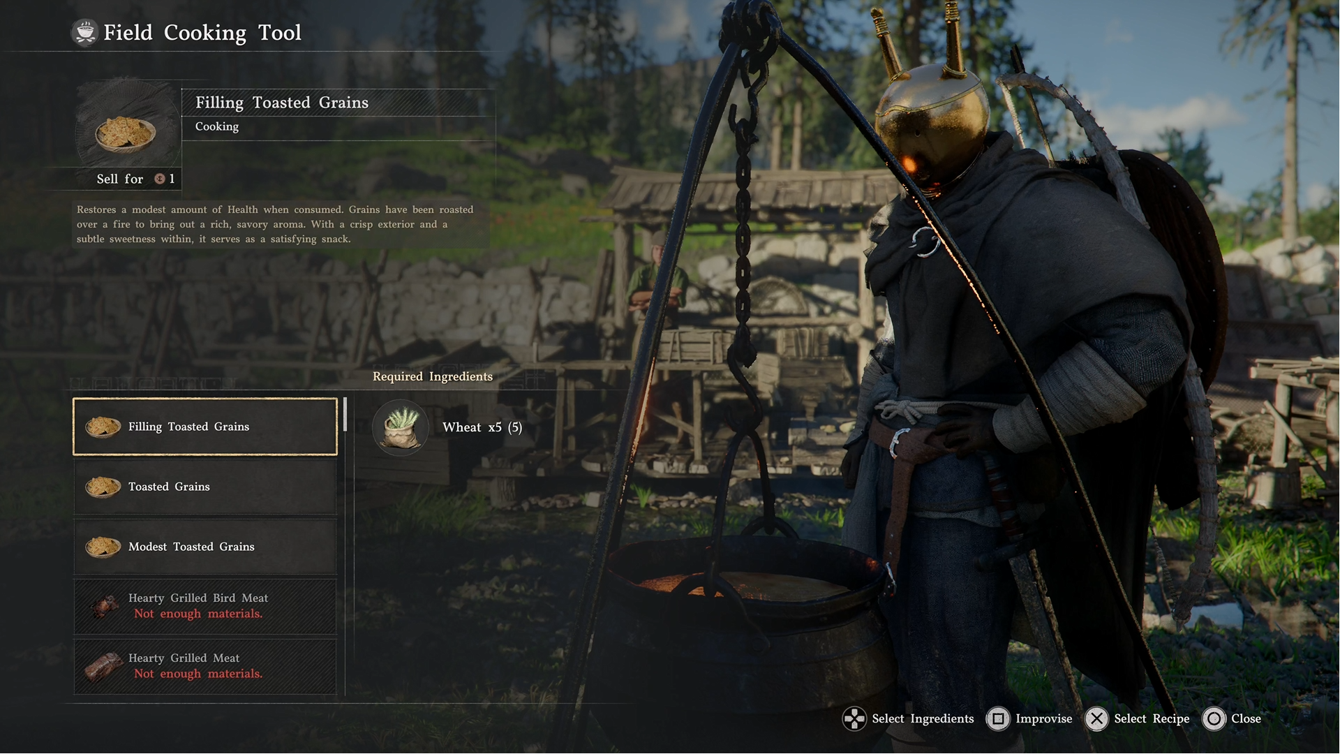 Screenshots of Crimson Desert from a preview event, displaying Kliff cooking, leaping off a sky island, and chopping down a tree.