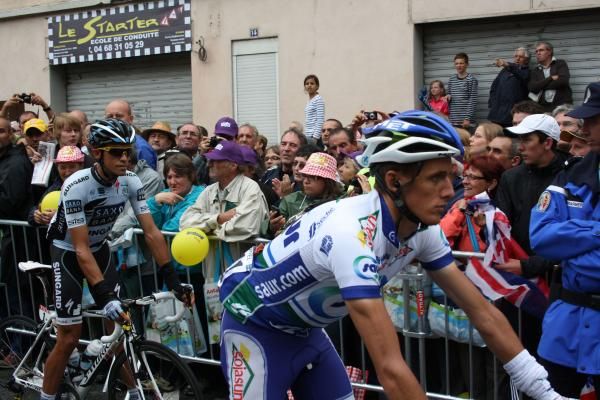 Alberto Contador (Saxo Bank-SunGard) and Jerome Coppel (Saur-Sojasun) before stage 15 of the Tour de France.