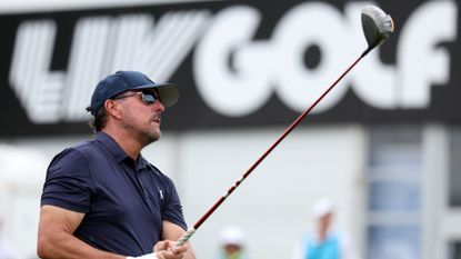 Phil Mickelson take a shot during a practice tournament before the third LIV Golf Invitational Series event