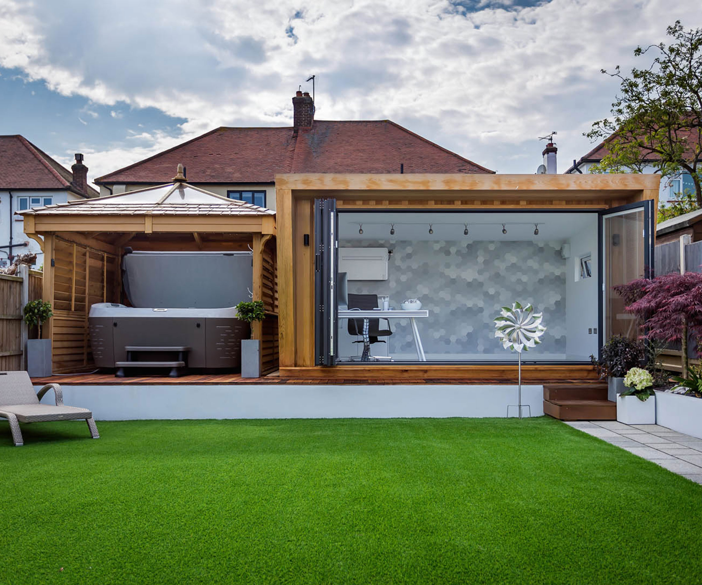 garden office with hot tub