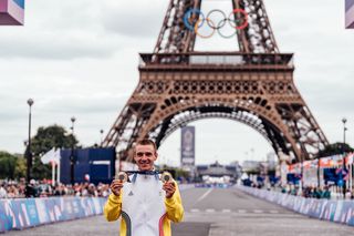 Picture by Zac WilliamsSWpixcom 03082024 Paris 2024 Olympic Games Cycling Road TrocaderoTrocadero 2700km Paris France Mens Road Race Remco Evenepoel Belgium celebrates winning the Mens Road Race to become Olympic Champion in front of the Eiffel Tower with the two gold medals he has won at the Paris 2024 Olympic Games Time Trial and Road Race