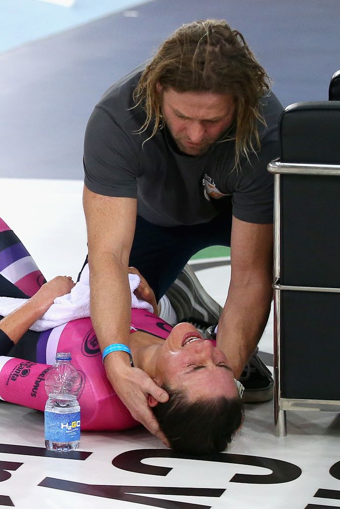Dame Sarah Storey receives treatment after her Women's Hour Record attempt at the Lee Valley Velodrome.