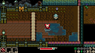 A 8-bit scene of Mina the Hollower with a pixel art mouse character standing on a stone path with puddles with a monster nearby