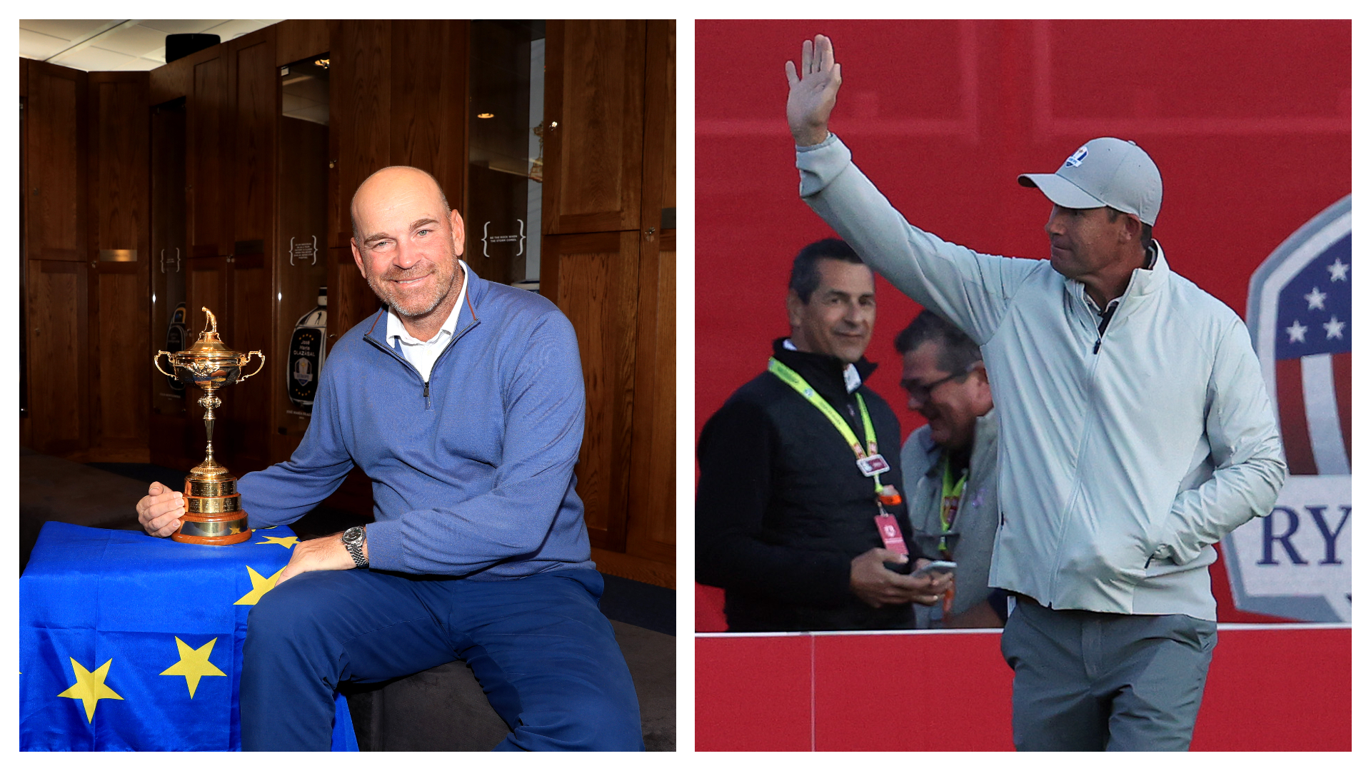 Thomas Bjorn holding the Ryder Cup trophy in 2018 and Padraig Harrington waving to the crowd at the 2021 Ryder Cup