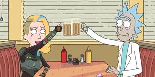 Sarah Chalke as Space Beth and Justin Roiland as Rick Sanchez on Rick and Morty