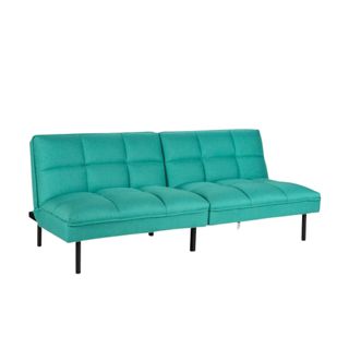 A turquoise futon sofa bed