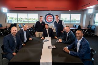 At Spring Training in Arizona (l. to r.): ex-Cub pitcher Ryan Dempster and manager Lou Piniella; Marquee producer Andrew Miller, host Chris Myers and coordinating producer Nick Steger; and ex-cubs Mark Grace and Doug Glanville. 