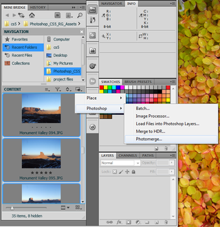 Photoshop CS5 has all the tools from CS4, like the Photo Merge – which you can do from the MiniBridge.