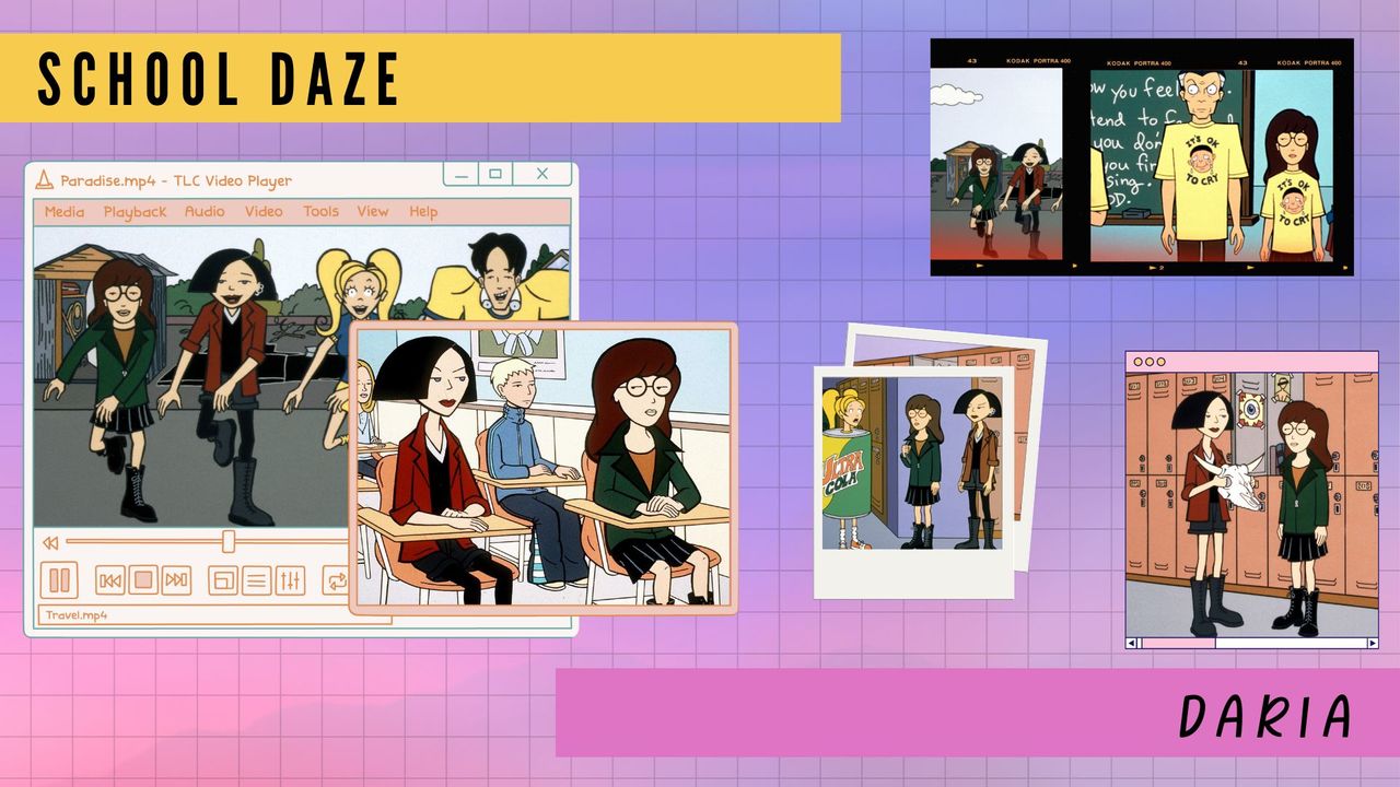 A compilation of stills from MTV&#039;s Daria on nostalgic polaroid, camera film and PC video player templates on a purple and pink background