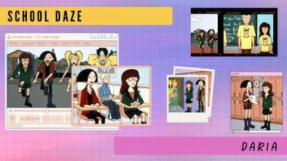 A compilation of stills from MTV's Daria on nostalgic polaroid, camera film and PC video player templates on a purple and pink background