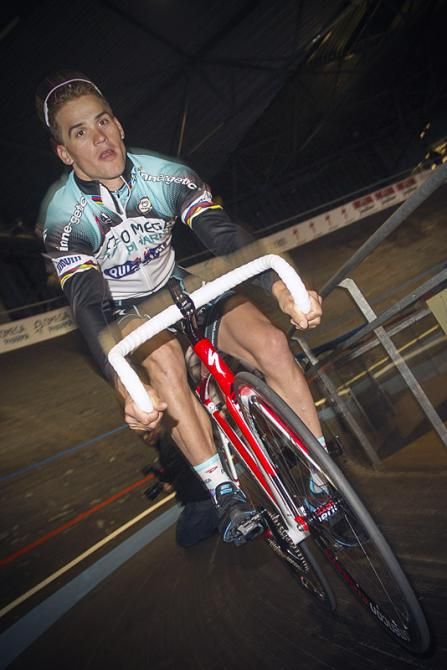 Zdenek Stybar takes to the Eddy Merckx velodrome in Gent during his team's launch for the 2013 season.