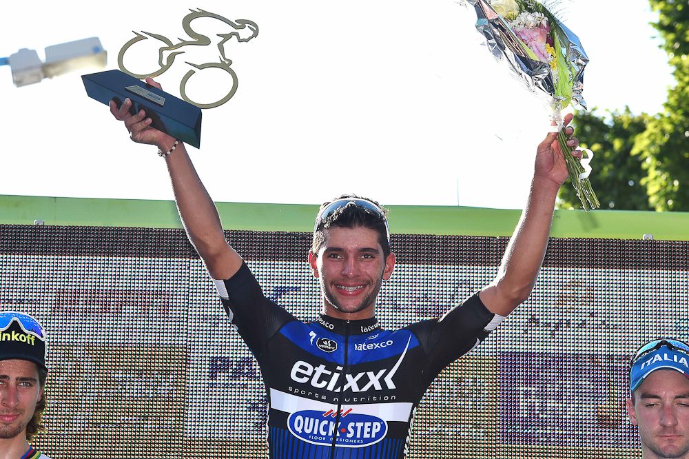 Fernando Gaviria on the stage 2 podium.
