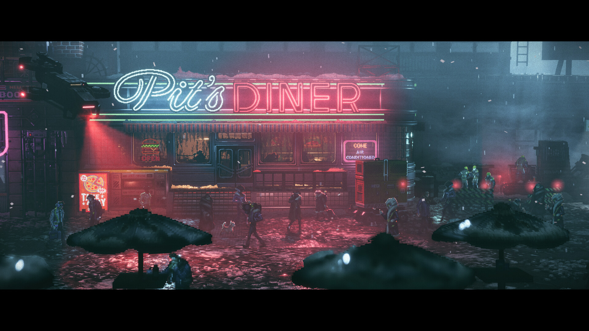 Replaced screenshot showing a cyberpunk-style street in the rain as people walk back and forth, with a diner that&#039;s illuminated by a neon sign above the building that reads, &amp;quot;Pit&#039;s Diner&amp;quot;.