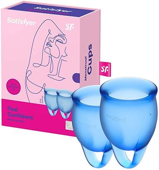 two blue Satisfyer menstrual cups with box