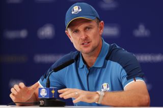 Justin Rose speaks at a press conference prior to the Ryder Cup