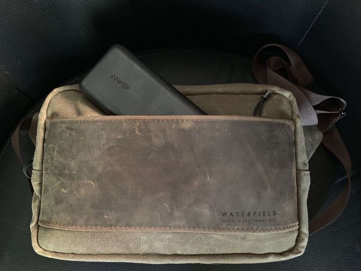 Waterfield Designs Sutter Sling Pouch for Nintendo Switch front pocket with Anker PowerCore 20100 battery pack