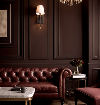 A living room with a leather Chesterfield sofa, a marble coffee table, and walls with paneling painted in a chocolate brown color