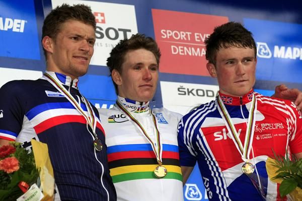 The U23 men on the podium: Adrien Petit, Arnaud D&eacute;mare (France) and Andrew Fenn (Great Britain)