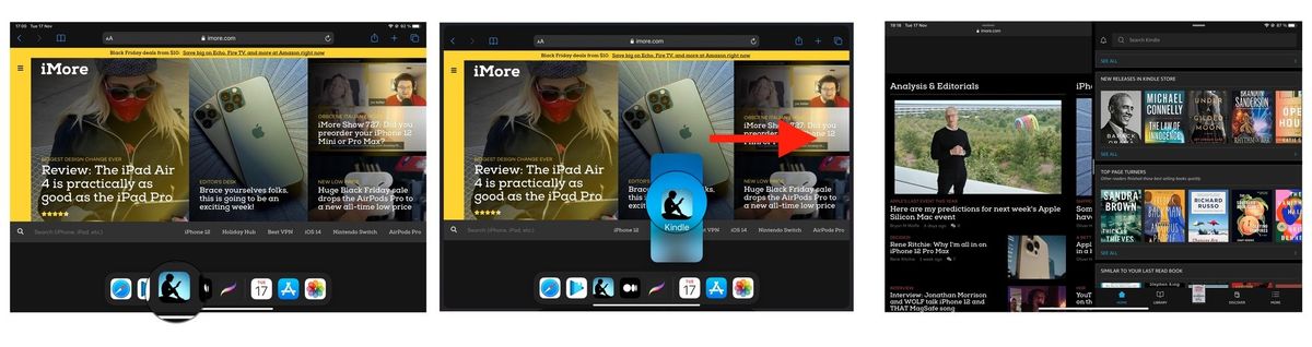 How to use Split View on iPad by showing steps: Swipe up from the bottom of the screen. Tap and drag an app from the Dock to the far left or right of your screen until you see the main app bump over.
