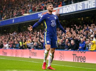 Chelsea’s Timo Werner celebrates scoring their side’s second goal of the game before it being overturned by VAR during the Premier League match at Stamford Bridge, London. Picture date: Saturday October 2, 2021