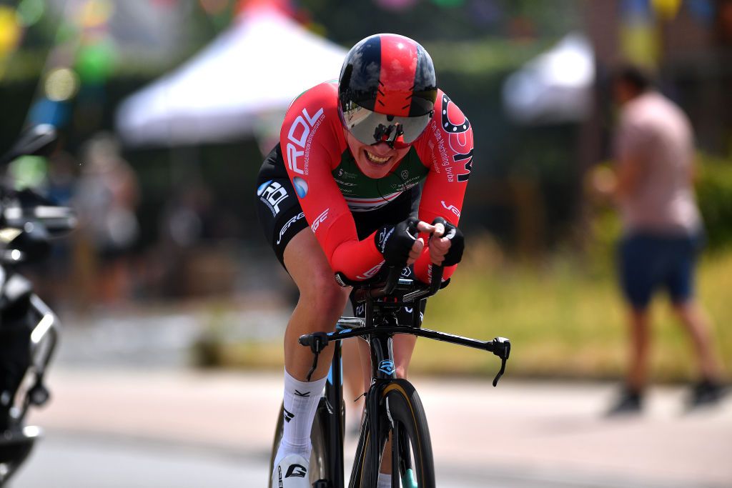 GAVERE BELGIUM JUNE 23 Sara Van De Vel of Belgium sprints during the 123rd Belgian Road Championship 2022 Womens Individual Time Trial a 23km individual time trial one day race from Gavere to Gavere ITT BelgianCycling140 on June 23 2022 in Gavere Belgium Photo by Luc ClaessenGetty Images