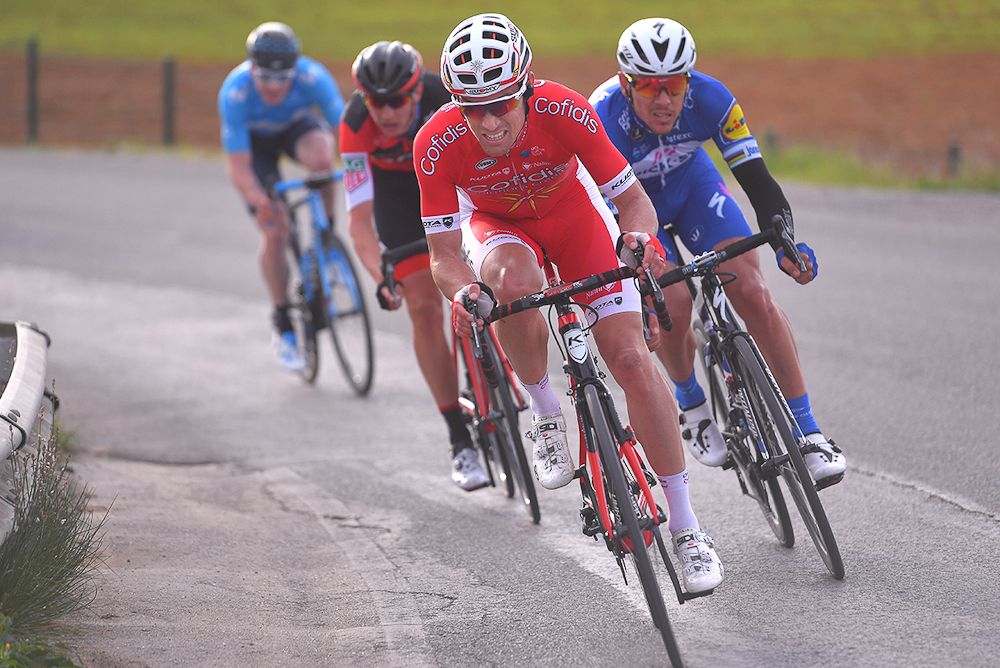 Dylan Teuns leads the stage 4 breakaway at Volta ao Algarve