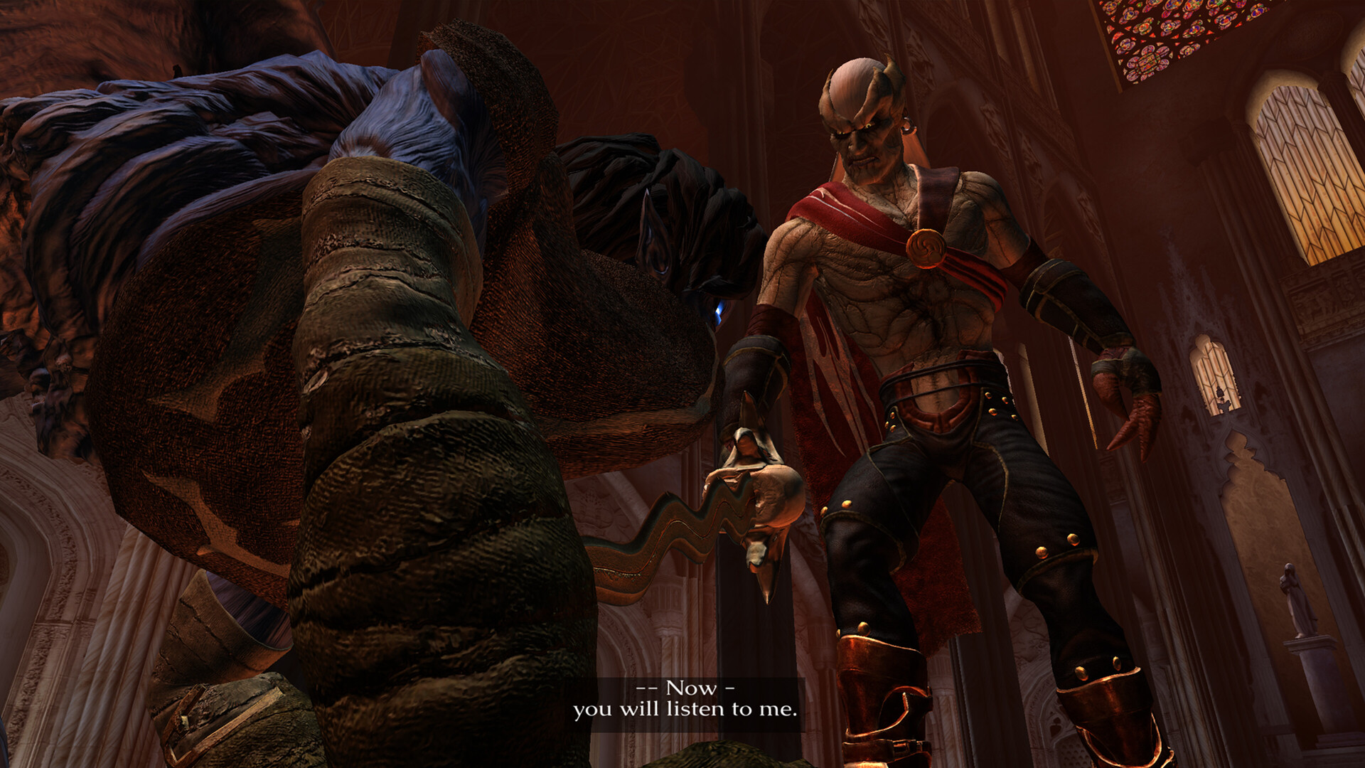 Legacy of Kain: Defiance Remastered screenshot showing the vampire Kain confronting another, saying, "now, you listen to me".