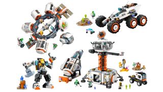 a series of images of lego kits including spaceships, wheeled rovers and astronauts