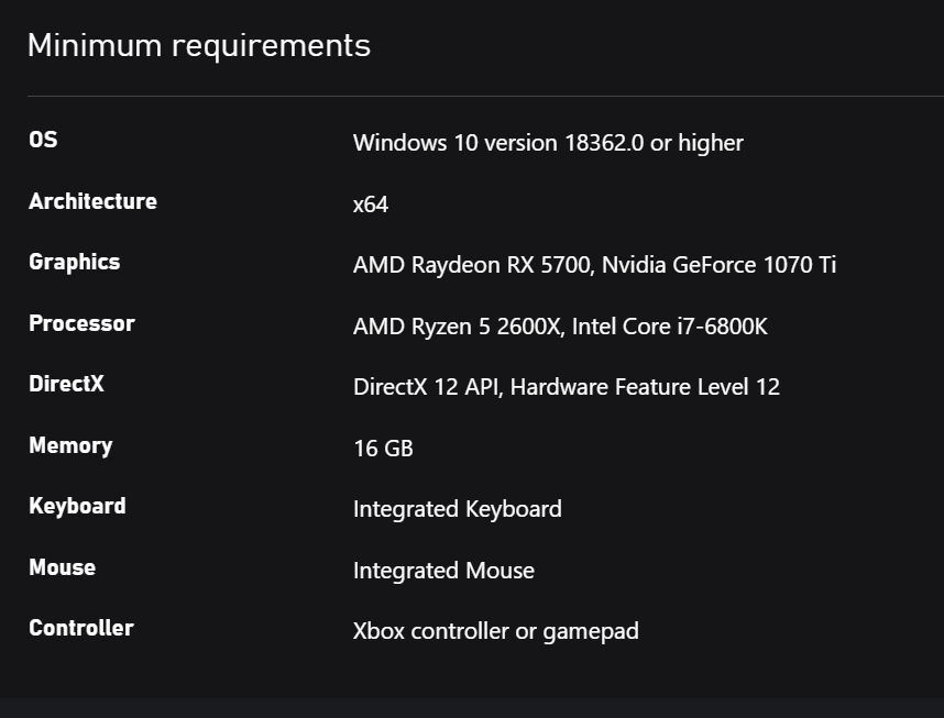 Starfield'ın Minimum Sistem Gereksinimlerini listeleyen Xbox sayfası.