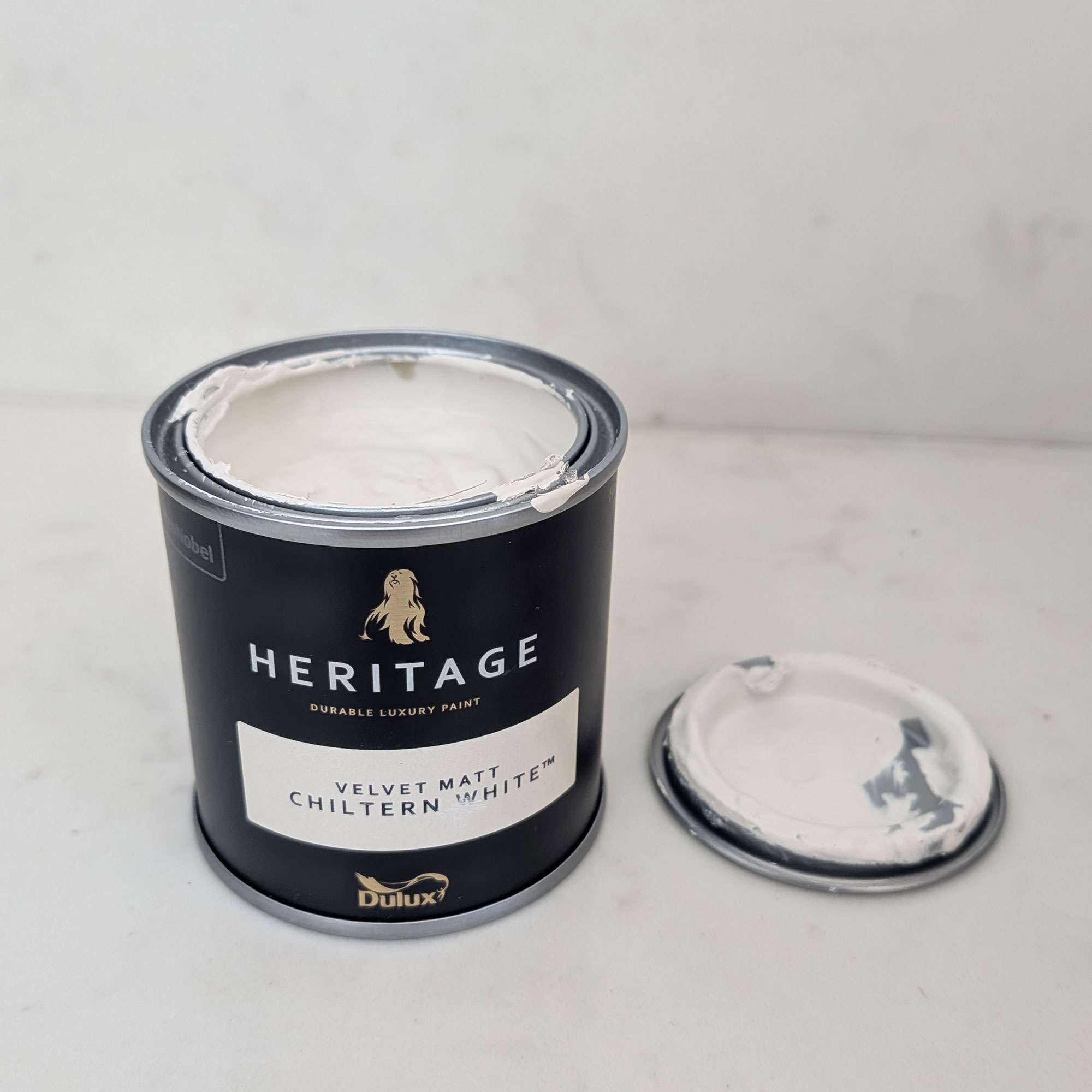 Open can of Dulux Heritage Velvet Matt Chiltern White paint