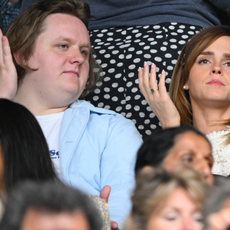 Lewis Capaldi and Emma Watson attend day thirteen of the Wimbledon Tennis Championships at All England Lawn Tennis and Croquet Club on July 15, 2023 in London, England. 