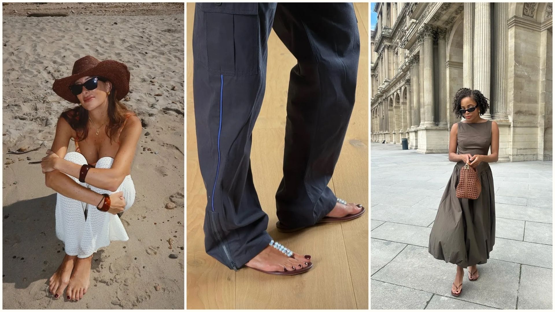 A collage of three women with chocolate brown pedicures