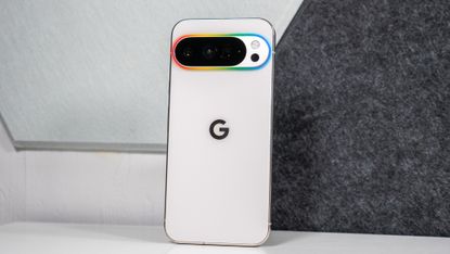 A mockup of a Pixel 11 with a glowing camera island representing the rumored Pixel Glow feature, using a Pixel 10 Pro XL as the model
