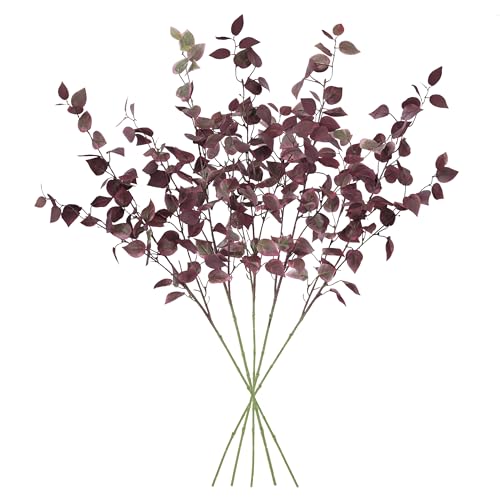 Hyeflora 5pcs Artificial Fall Eucalyptus Leaves Stem Plants, 32.7 Inch Fake Leaves Autumn Greenery Branches Burgundy Shrubs Silk Faux Foliage Diy Stems for Thanksgiving Festival Home Kitchen Farmhouse